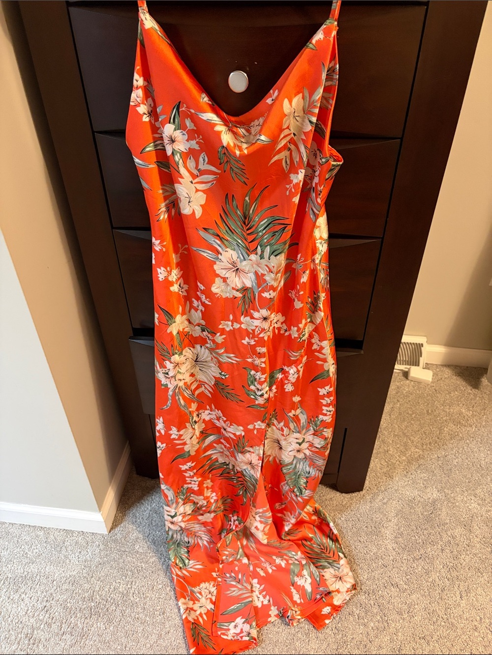 Tropical Orange Floral Maxi Slip Dress with Spaghetti Straps